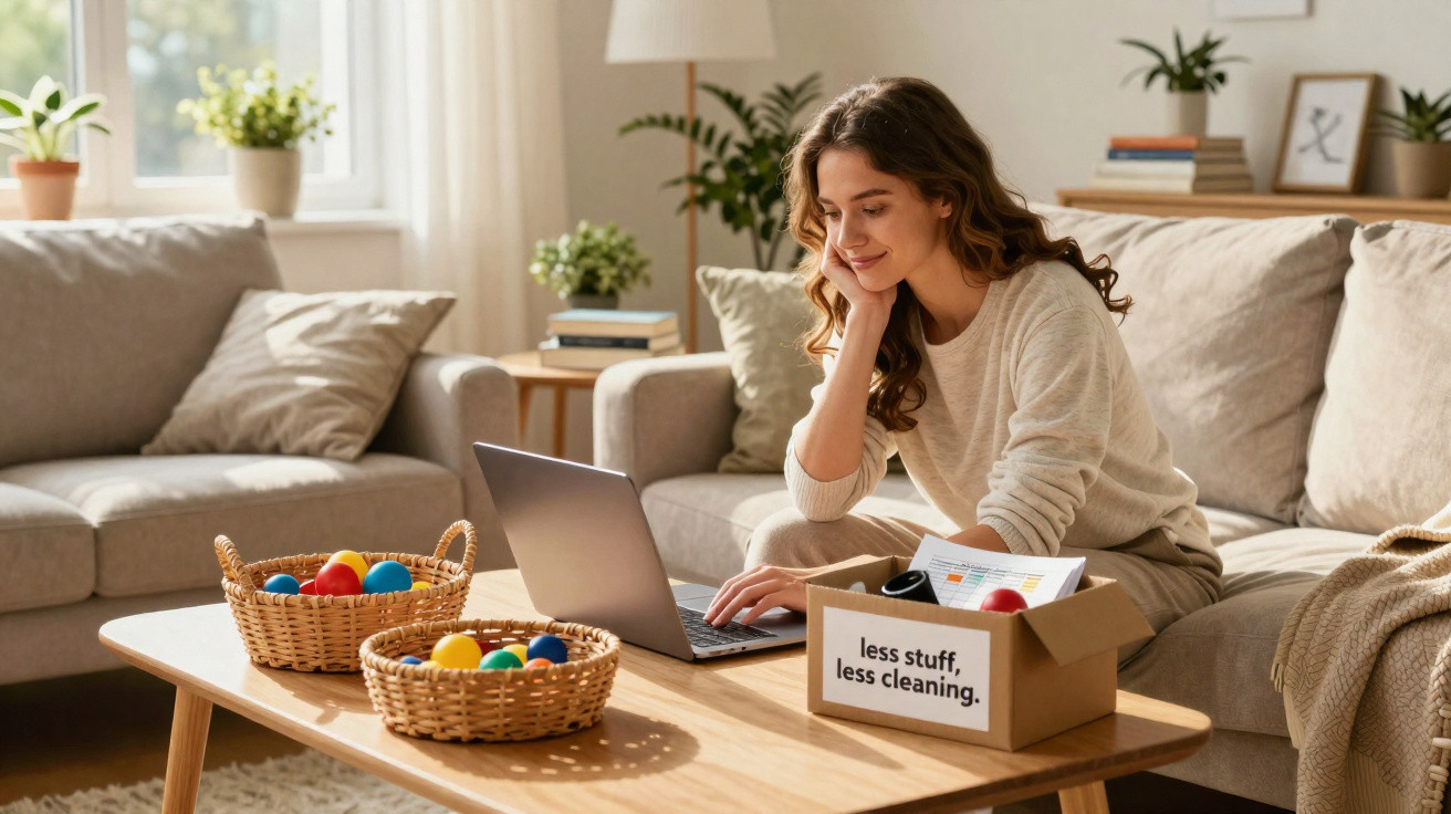 Woman sitting on a sofa using a laptop with a box labelled "less stuff, less cleaning" on the table in a bright living room.