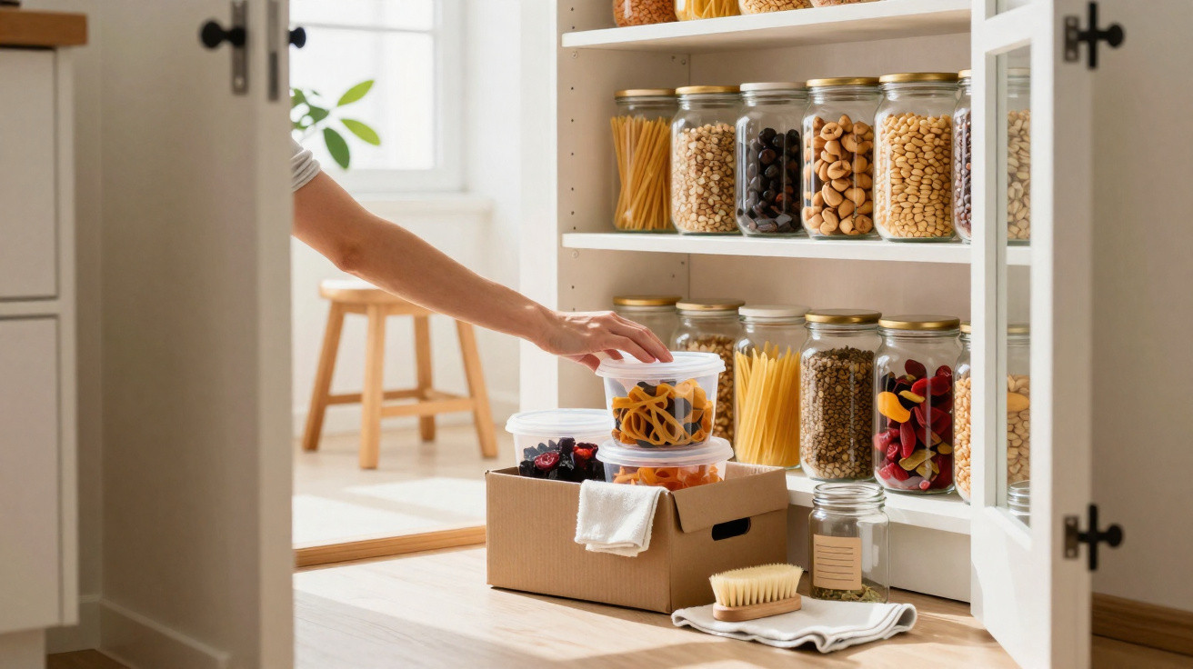 Hand reaching for plastic containers of dry food from a box in an open kitchen cupboard with glass jars.