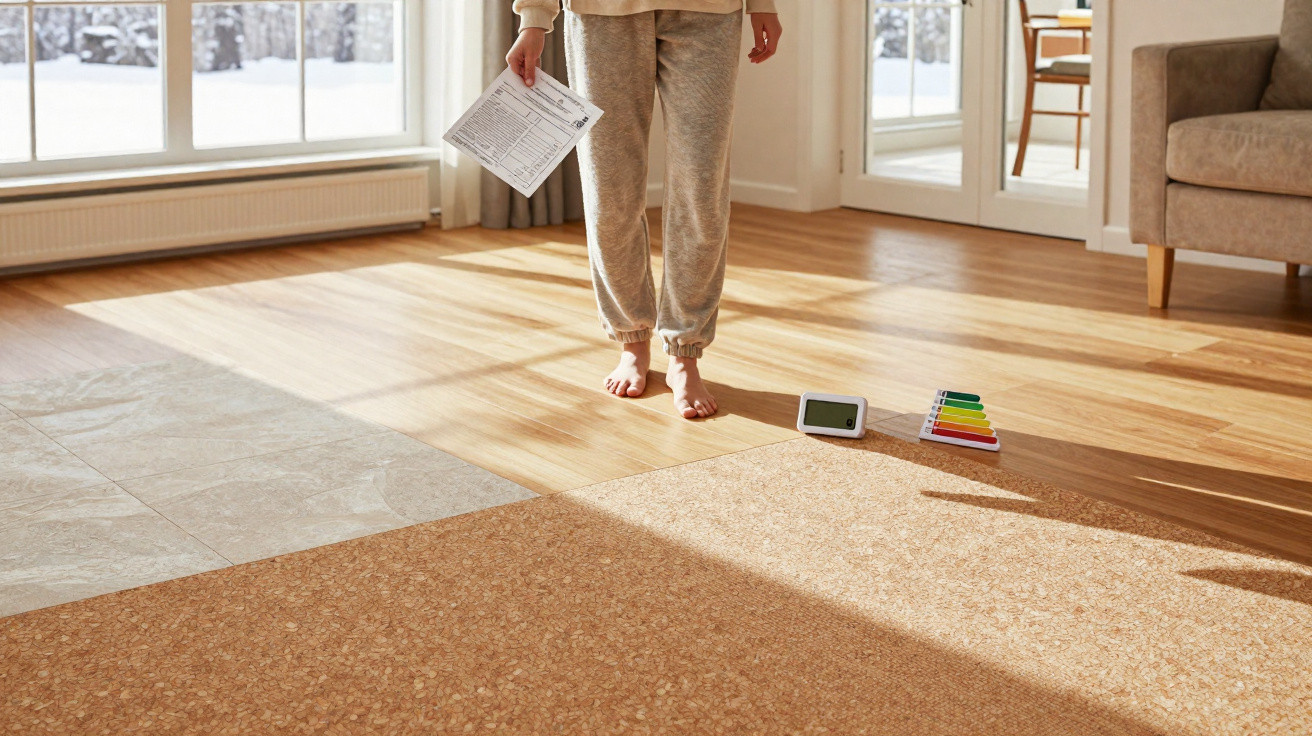 Person in lounge wear standing barefoot on wooden floor holding paper next to energy efficiency rating chart and monitor.