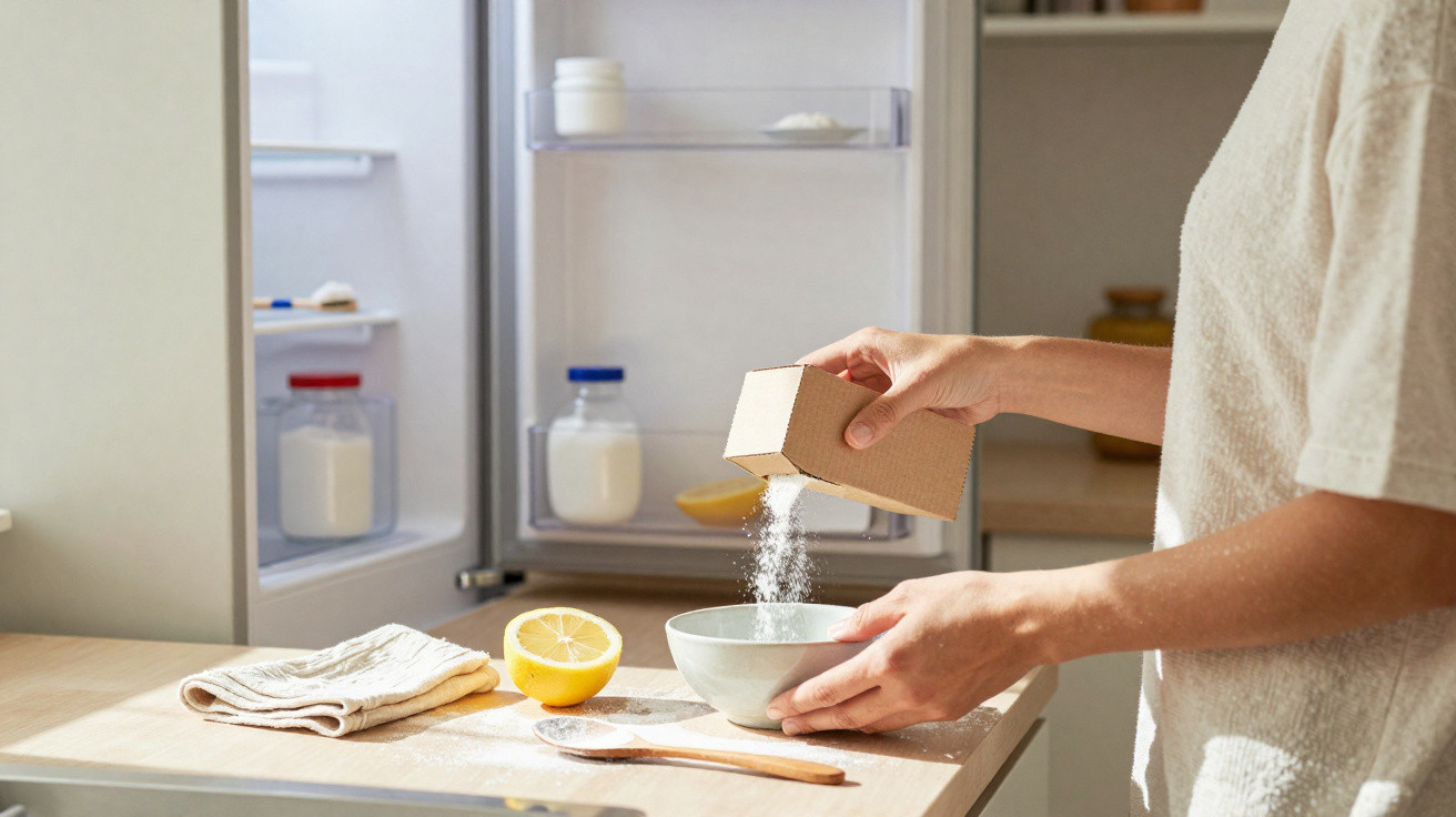 Person pouring flour from a brown container into a bowl on a kitchen counter with lemon and wooden spoon nearby.