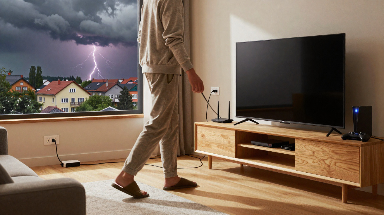 Person unplugging a TV cable indoors as lightning strikes outside over suburban houses.