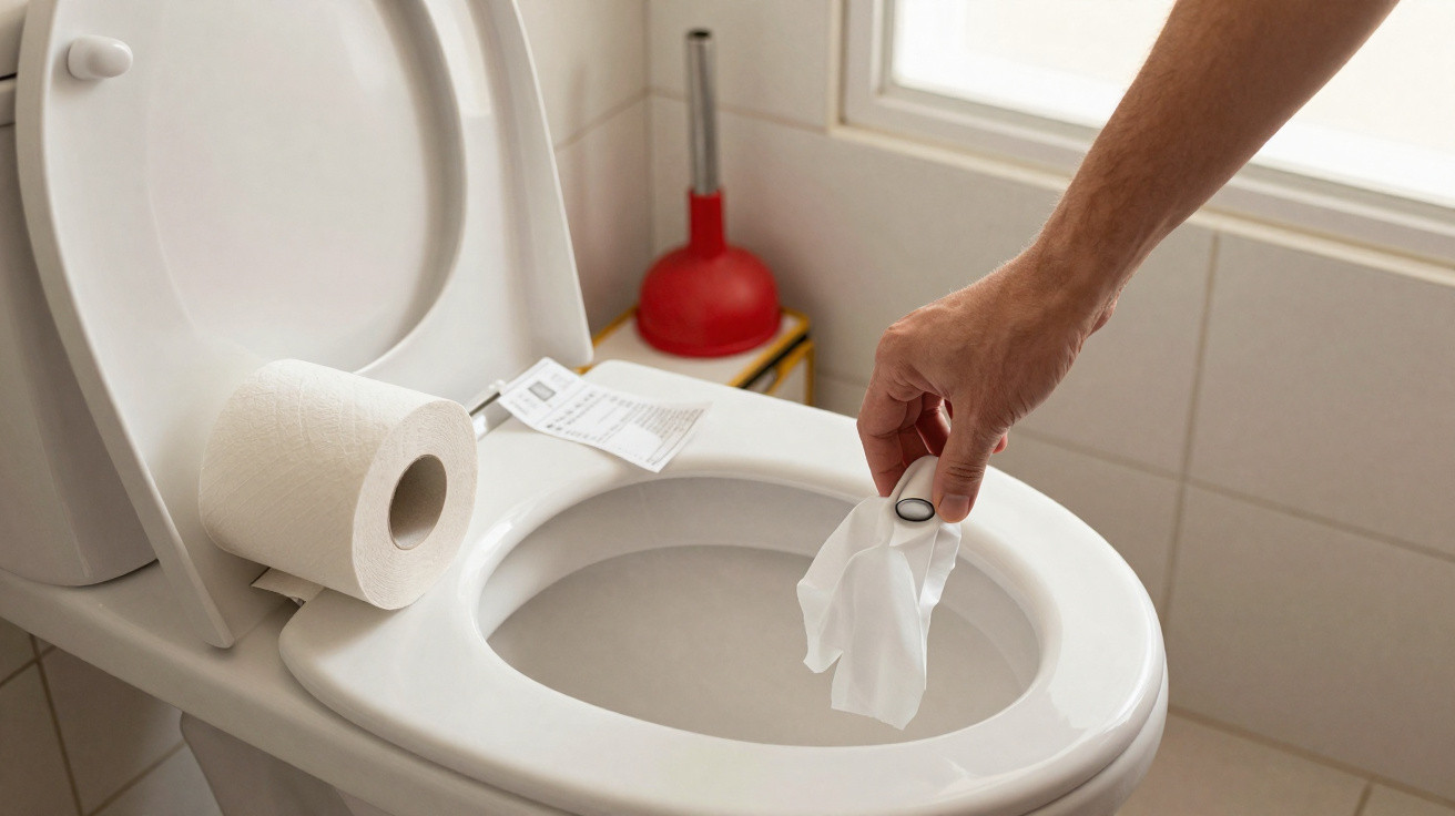 Hand dropping a white glove into a white toilet bowl with toilet paper roll and plunger nearby.