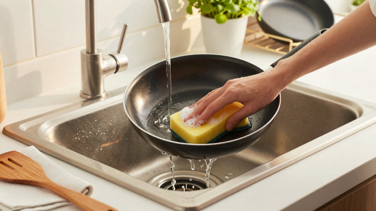 Hand washing a black frying pan with a yellow sponge under a running kitchen tap over a stainless steel sink.