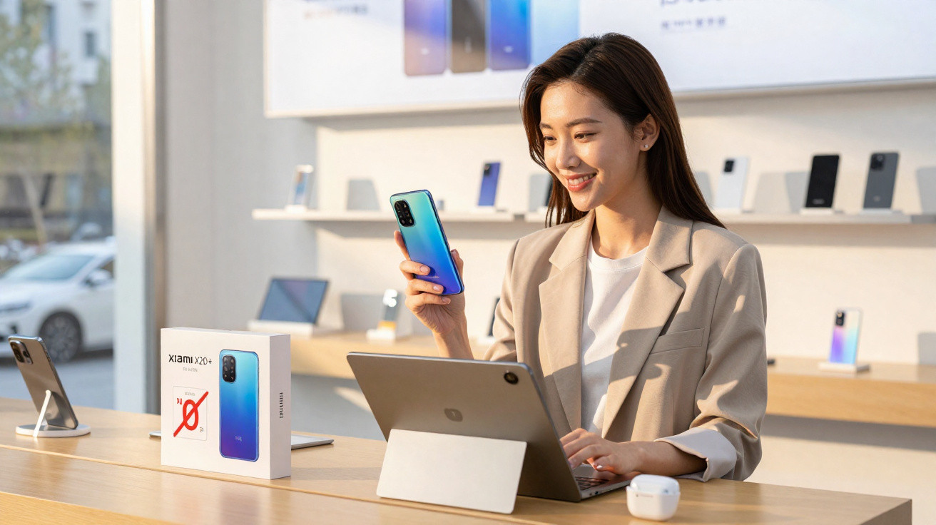 Woman smiling and holding a blue smartphone in a tech store with tablets and phone displays on the table.