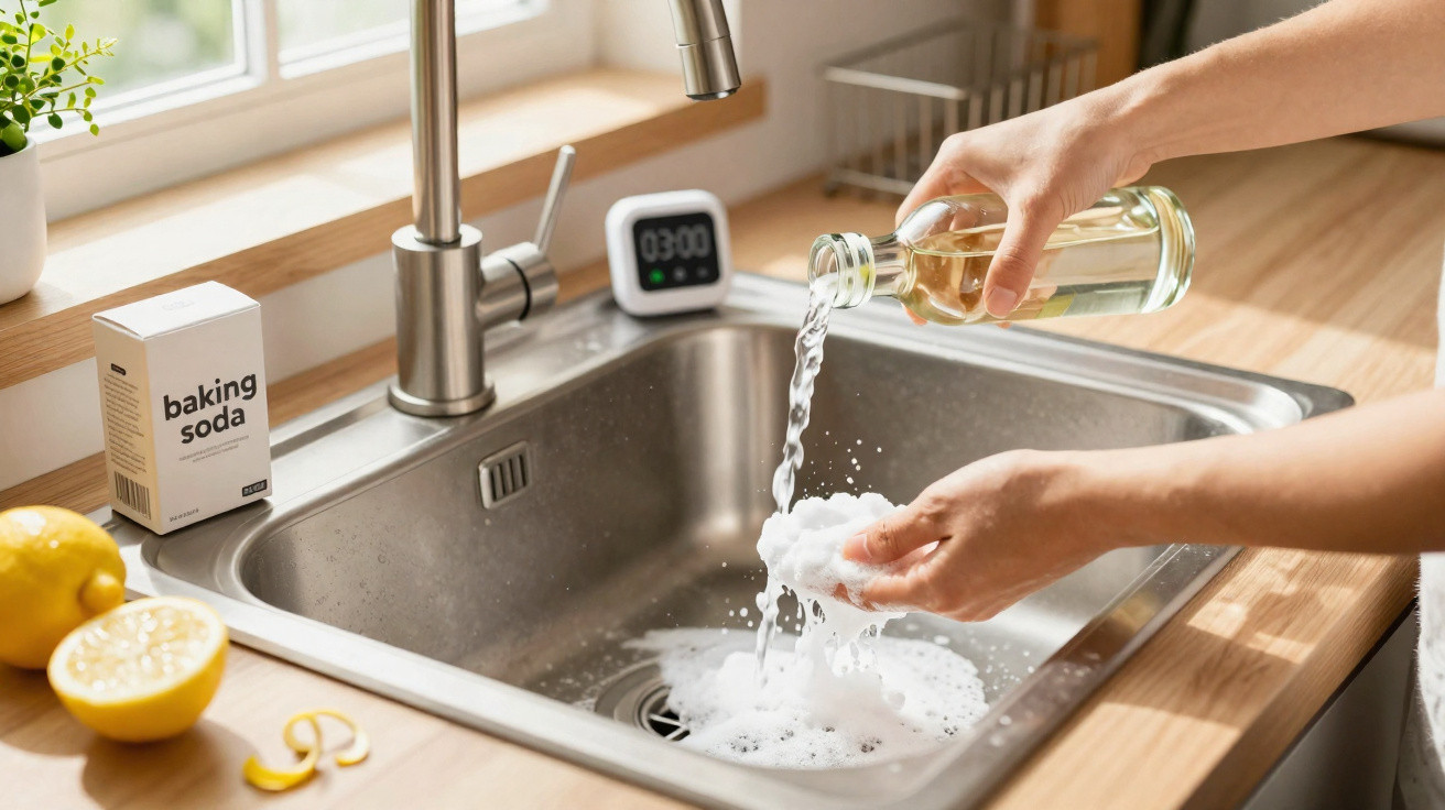 Hands pouring liquid onto a sponge creating foam in a kitchen sink with baking soda and lemons nearby.