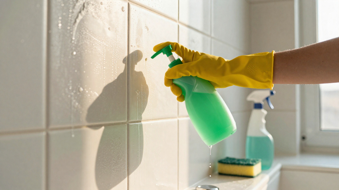 Hand in yellow glove holding green spray bottle, applying cleaning liquid to white tiled wall with sponge nearby.