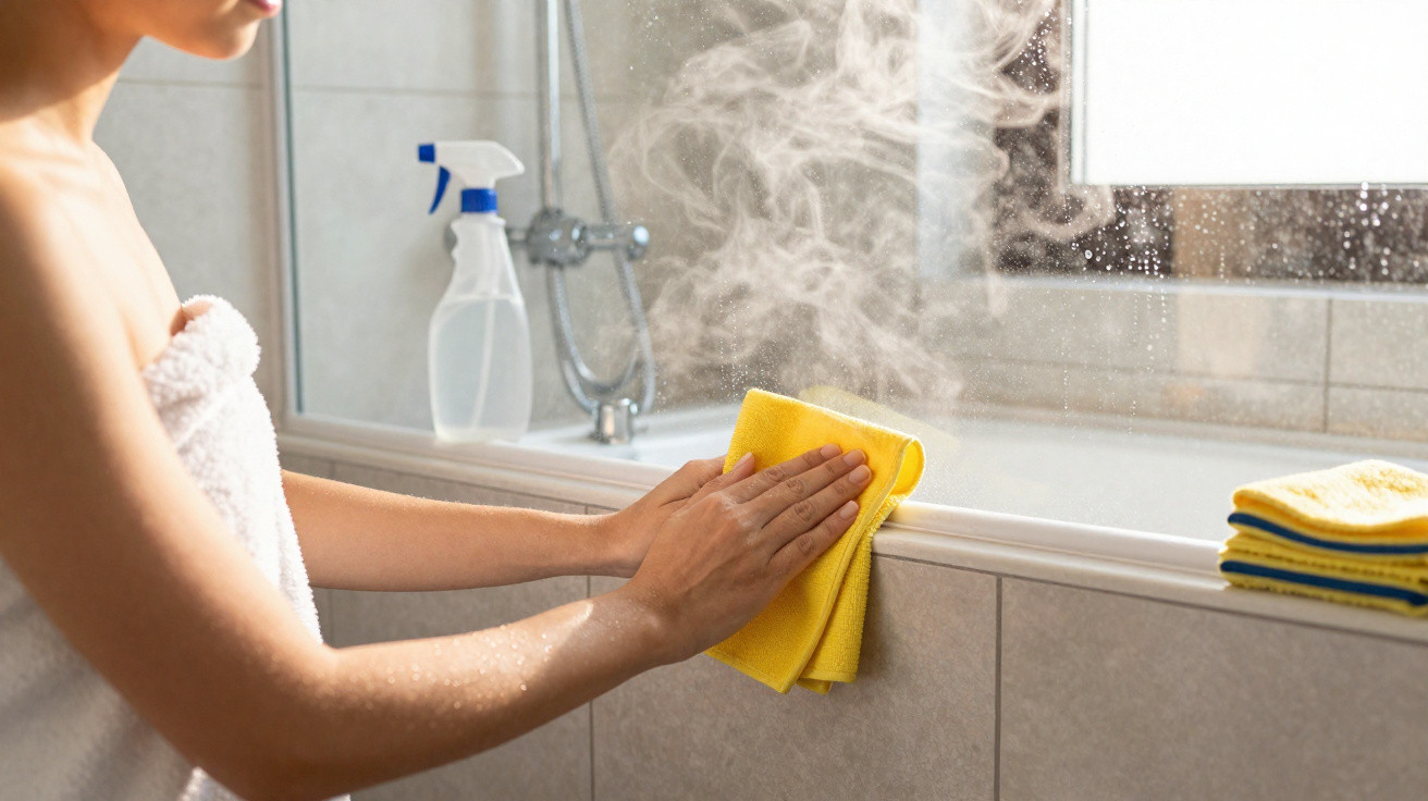 Person cleaning a steaming bathroom window with a yellow cloth next to folded towels and a spray bottle.