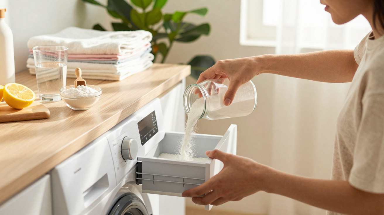 Person pouring white powdered detergent into a washing machine drawer in a bright laundry room.