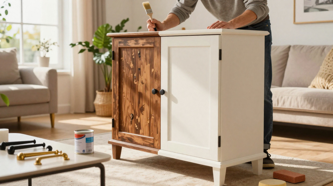 Person painting a wooden cabinet white in a bright, modern living room.