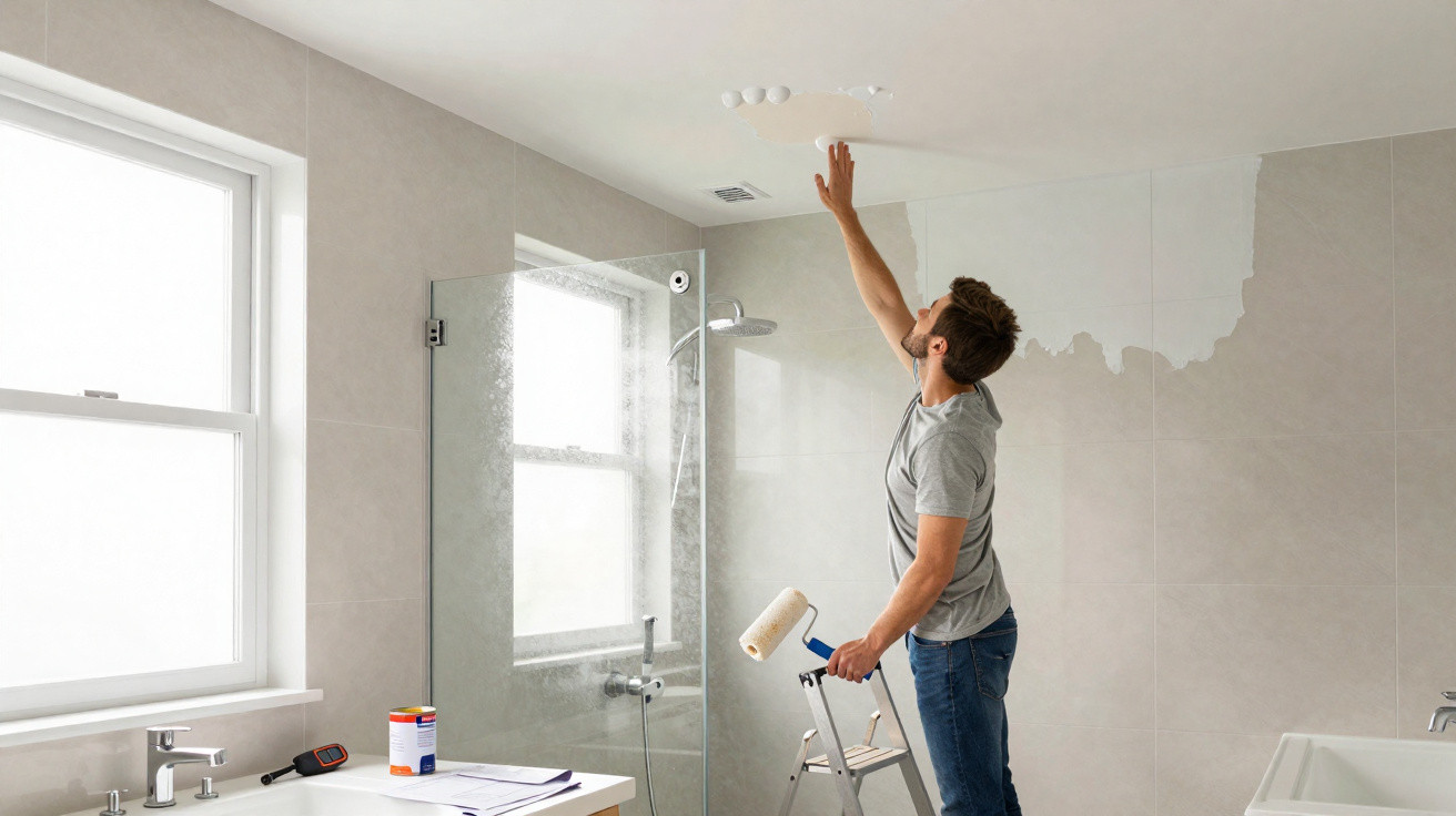 Man standing on a ladder painting a white ceiling in a modern bathroom with natural light from windows.