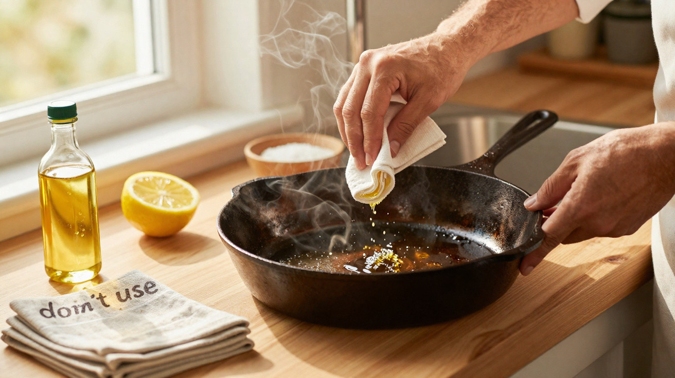 Hands squeezing lemon juice into a steaming cast iron pan on a wooden countertop near a window.