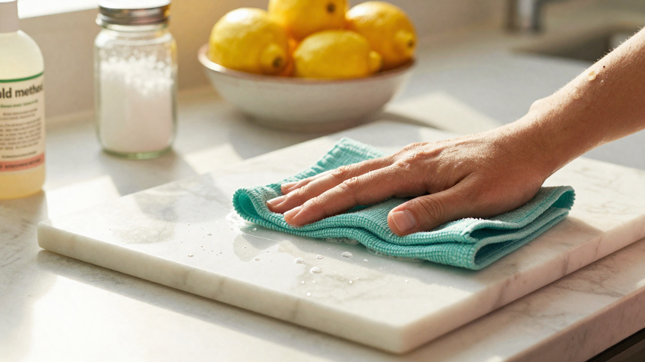 Hand wiping a white marble cutting board with a turquoise cloth on a kitchen countertop with lemons nearby.