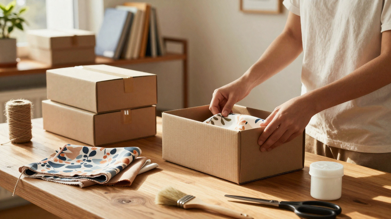 Person packing patterned fabric into a cardboard box on a wooden table with scissors and twine nearby