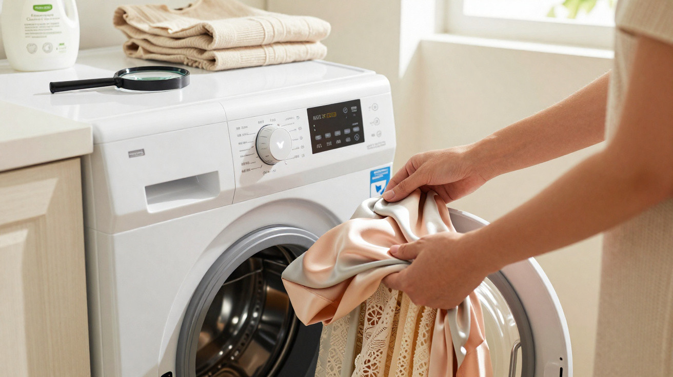 Person loading delicate satin and lace fabrics into a front-loading washing machine in a bright laundry room.