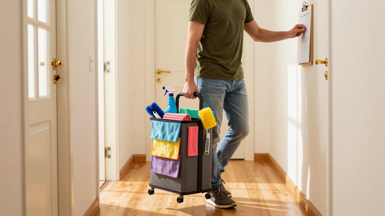 Person holding a cleaning trolley with supplies, checking a clipboard in a bright hallway with wooden floors.