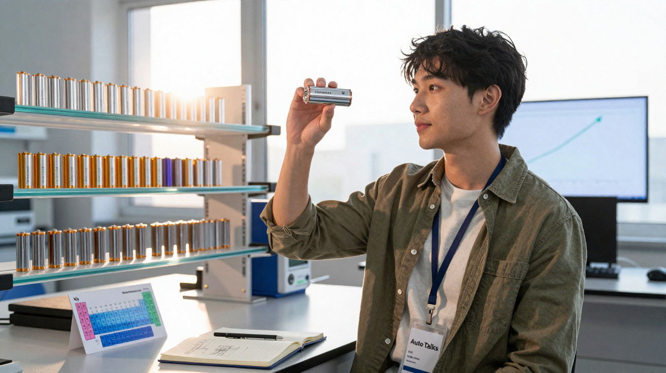 Scientist examining a battery cell in a lab with rows of batteries and a periodic table on the desk.