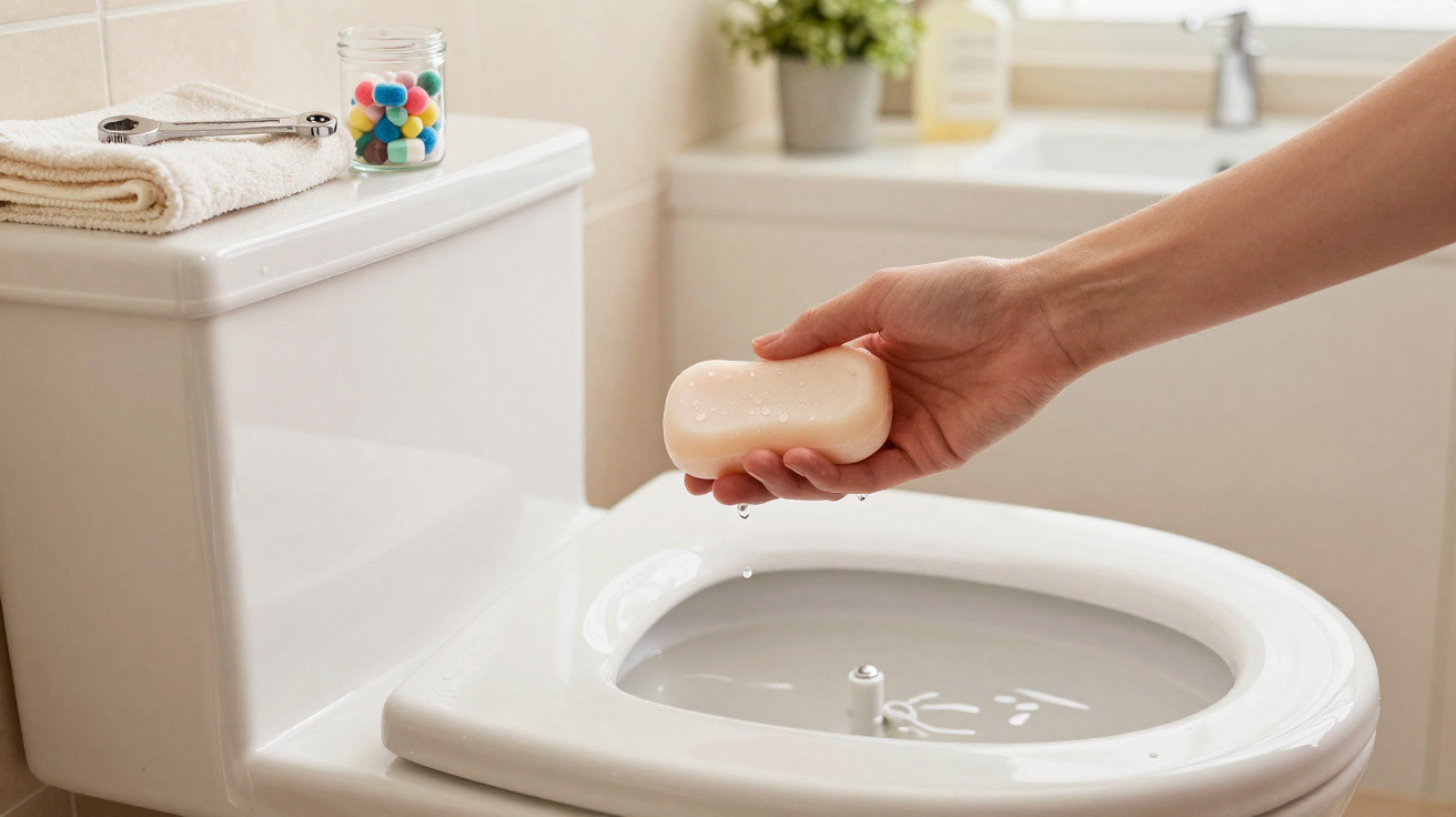Hand holding a wet bar of soap over a clean white toilet in a bright bathroom.
