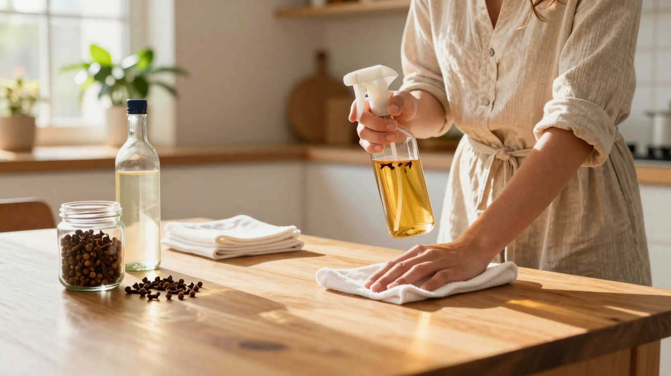 Person cleaning a wooden kitchen countertop with a cloth and a spray bottle containing yellow liquid.