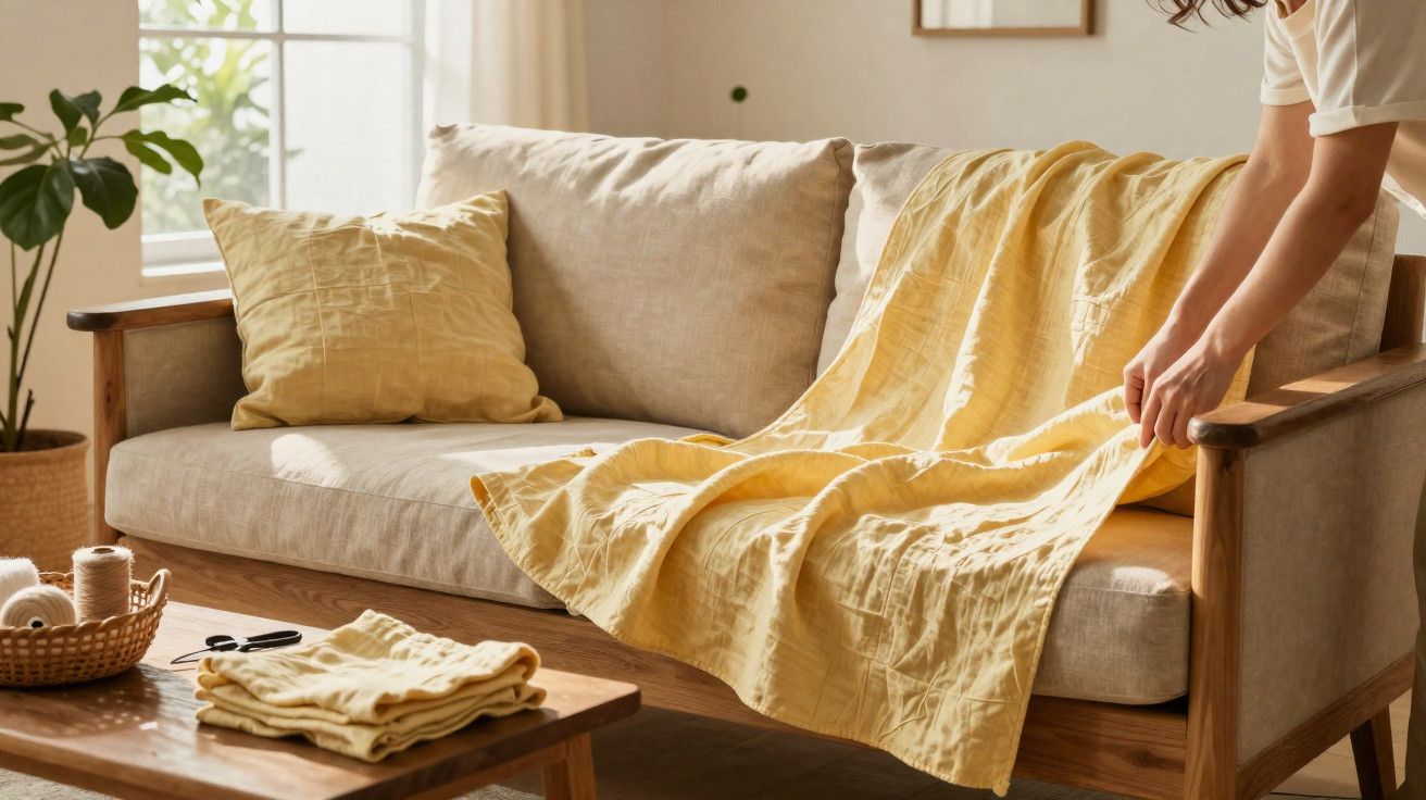 Person folding a yellow blanket on a beige sofa in a bright, cosy living room with wooden furniture.