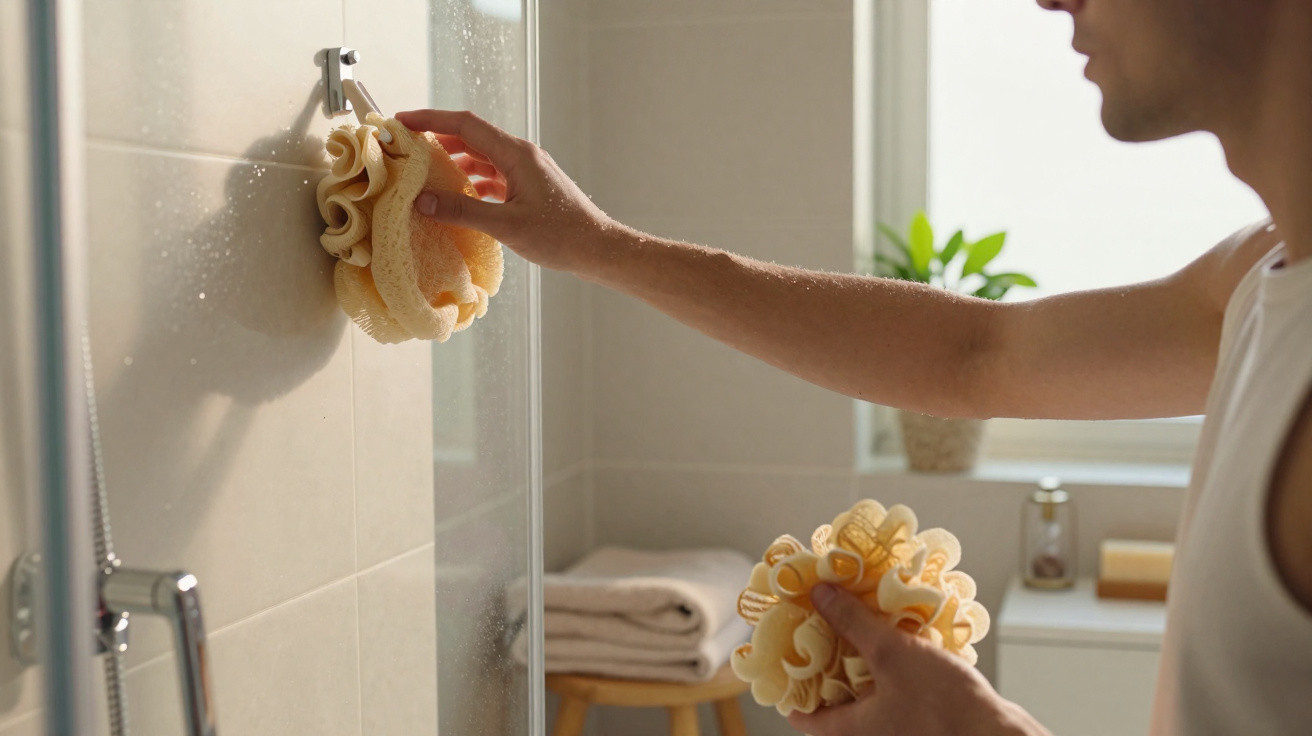 Person hanging a shower sponge on a hook in a bathroom with towels and a plant in the background.