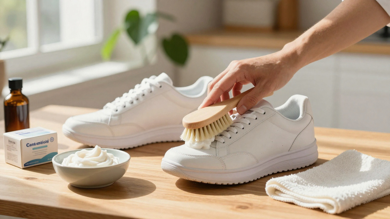 Hand cleaning a white sneaker with a brush on a wooden table with cream, towel, and cleaning product.