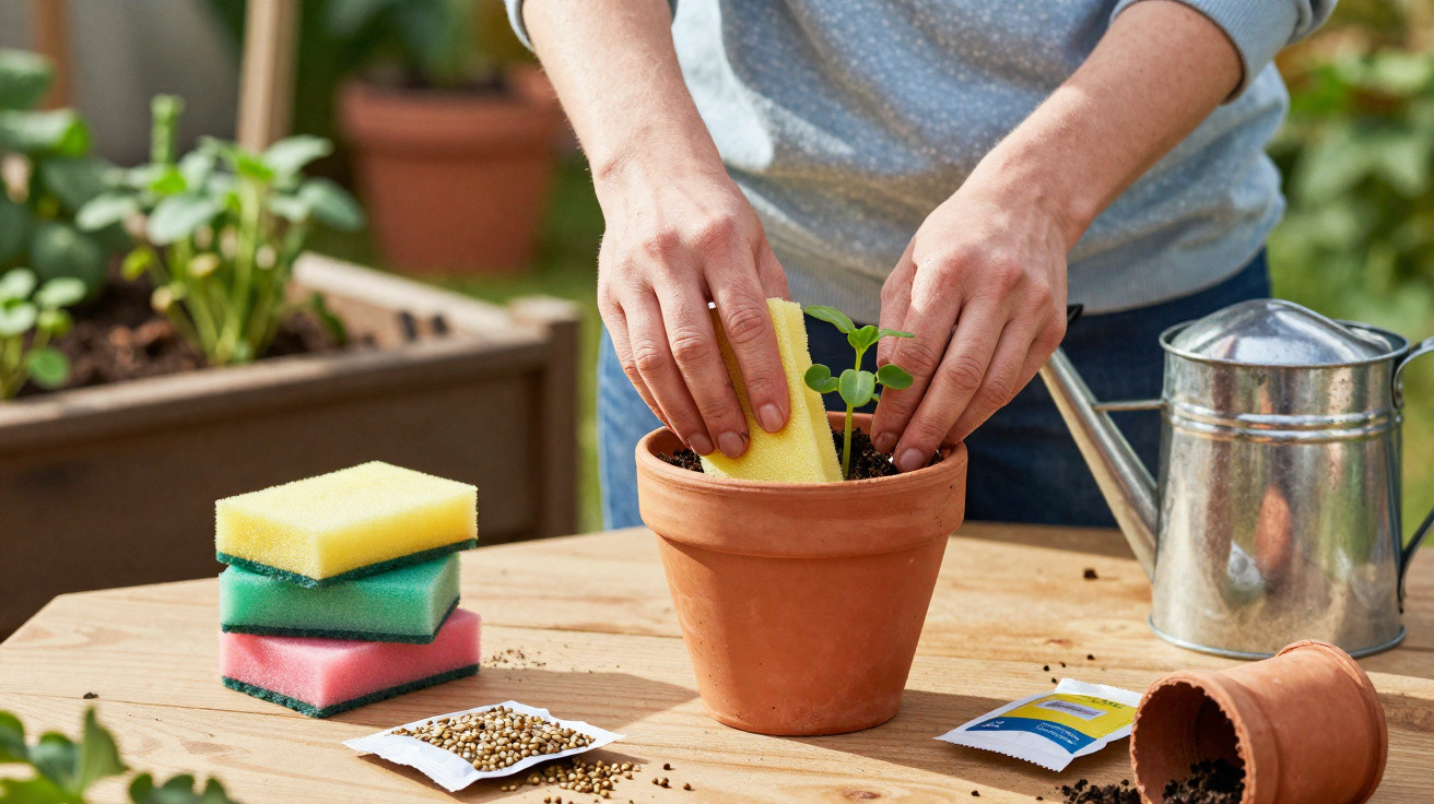 Person using a sponge to clean or water a small plant in a terracotta pot on a wooden table outdoors.