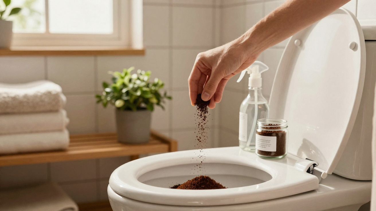 Hand sprinkling coffee grounds into a clean toilet bowl in a bright, tidy bathroom.