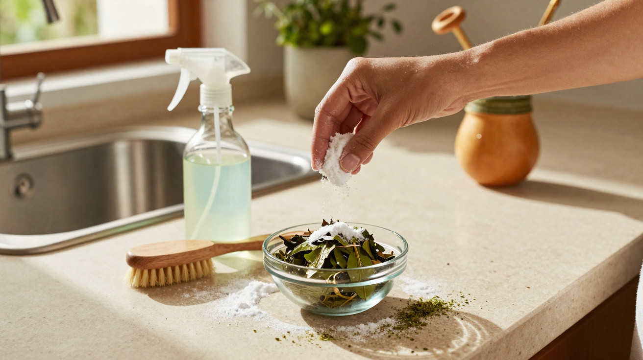 Hand sprinkling salt over a bowl of tea leaves on a kitchen countertop near a scrub brush and spray bottle.