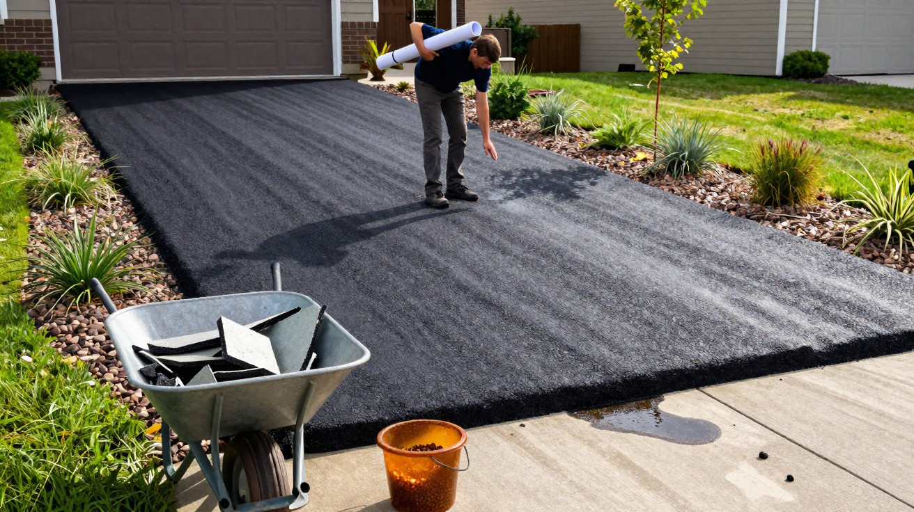 Man inspecting newly laid asphalt driveway in front of a house with landscaping and tools nearby.