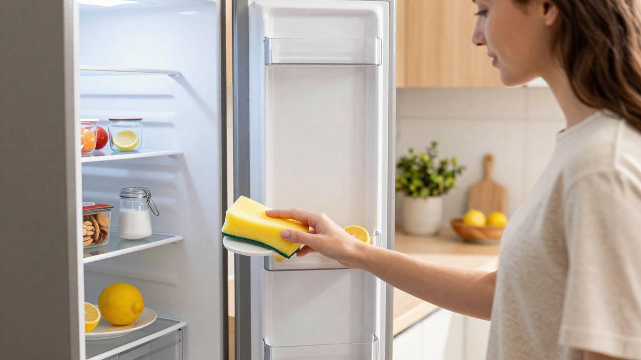 Woman cleaning the inside of an open refrigerator door with a yellow sponge in a bright kitchen.