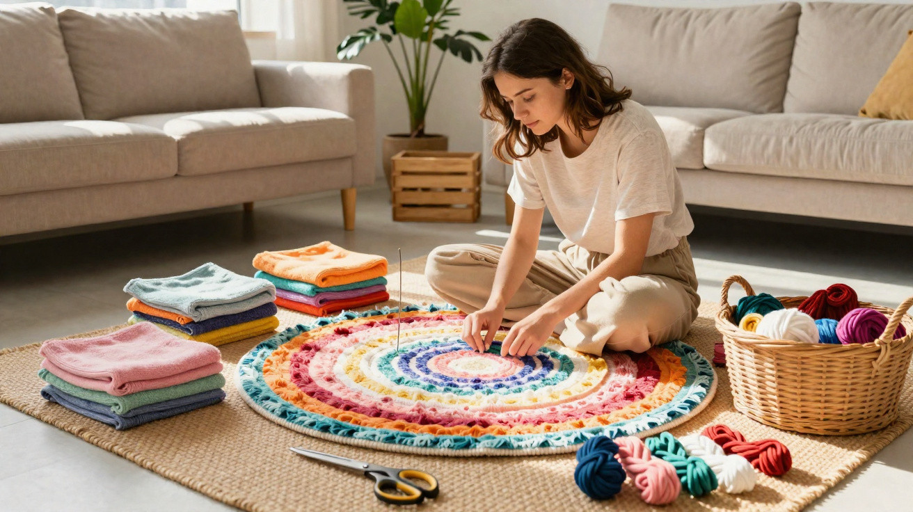 Woman sitting on floor making a colourful round crocheted rug surrounded by yarn and folded blankets.