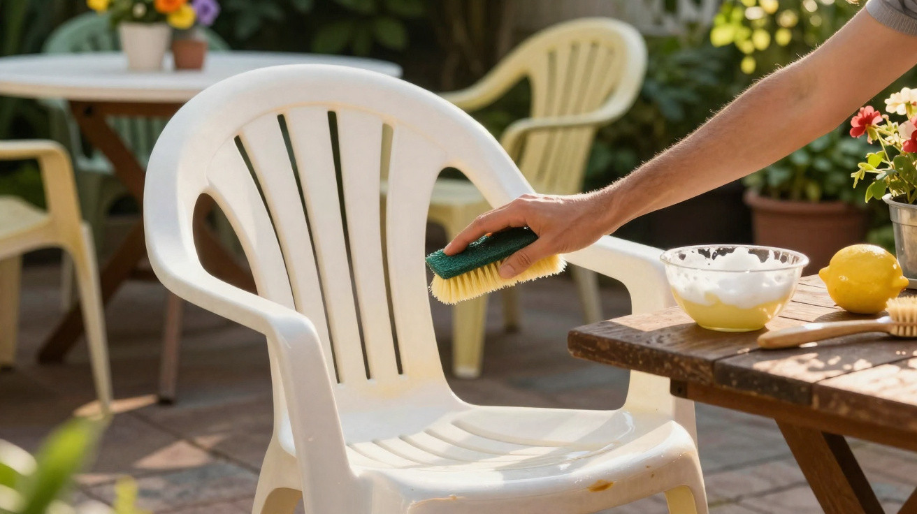Person cleaning a white plastic chair with a brush on a sunny outdoor patio.