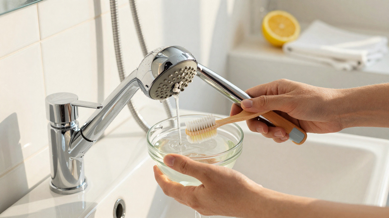 Hands rinsing a wooden toothbrush over a glass bowl under running water from a chrome kitchen tap
