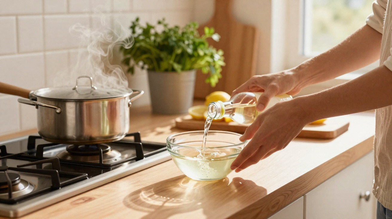 Person pouring liquid from a bottle into a glass bowl on a kitchen counter with a steaming pot on the stove.
