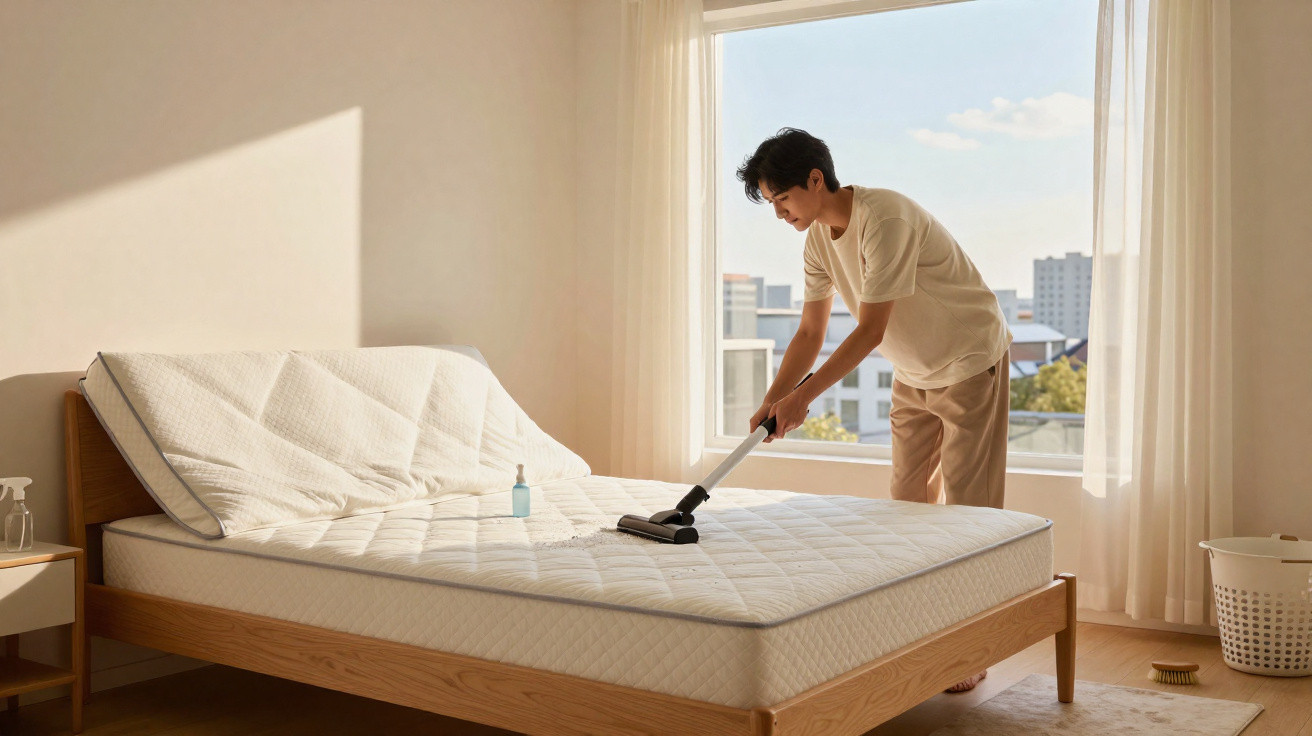 Person vacuuming a mattress in a sunlit bedroom with cream curtains and wooden furniture.