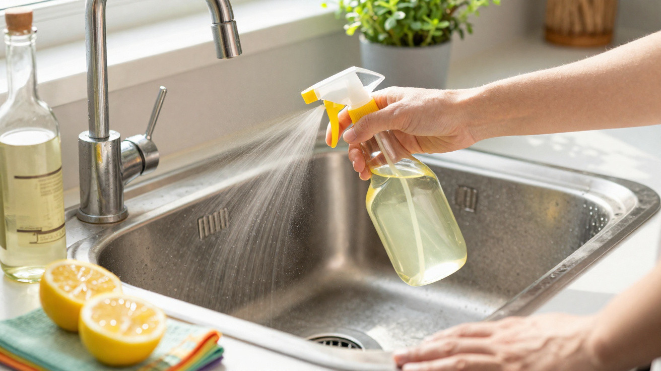 Hand spraying lemon-scented cleaning spray into a stainless steel kitchen sink near sliced lemon and folded cloths.