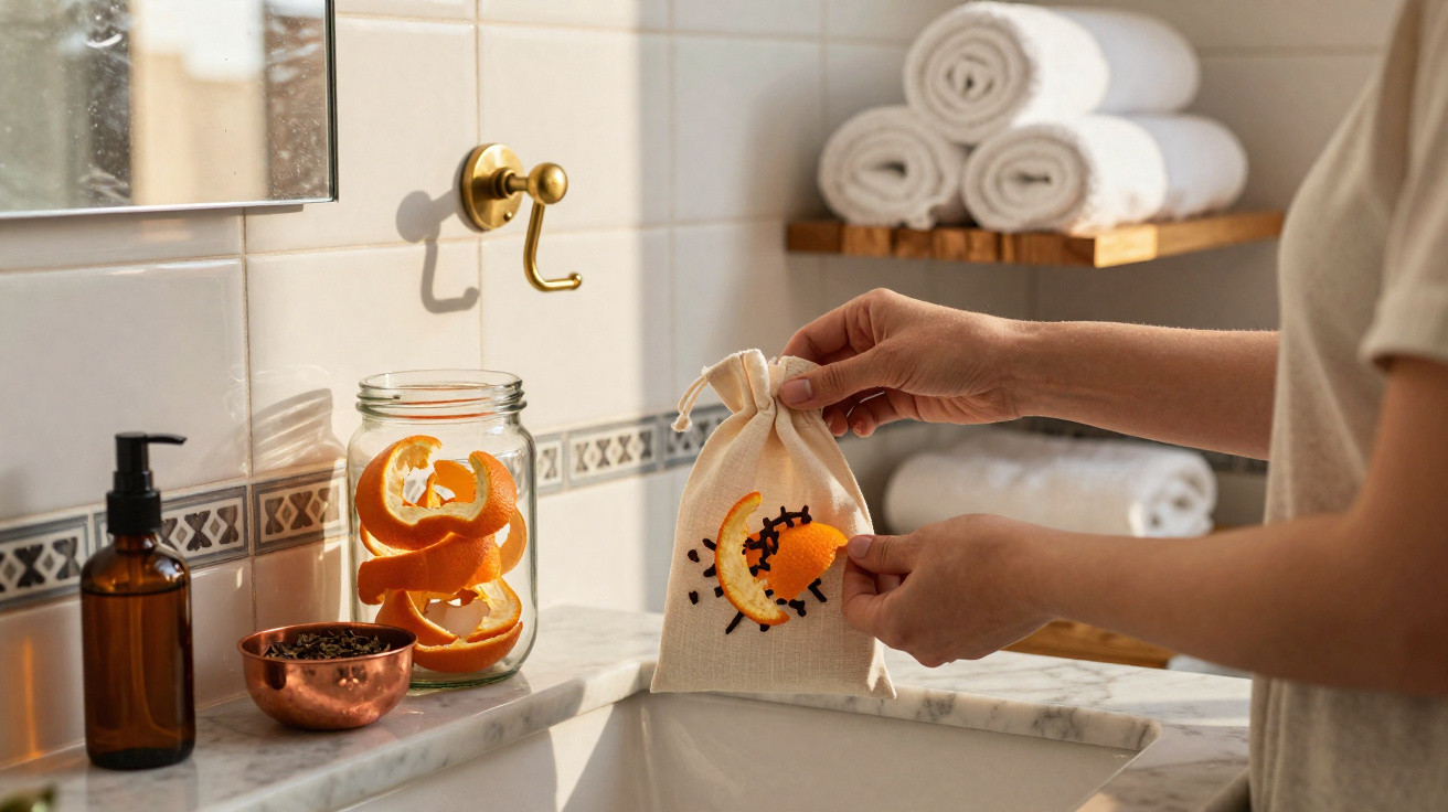 Person holding a sachet with dried orange peel and cloves in a bathroom with towels and a jar of orange peels nearby.