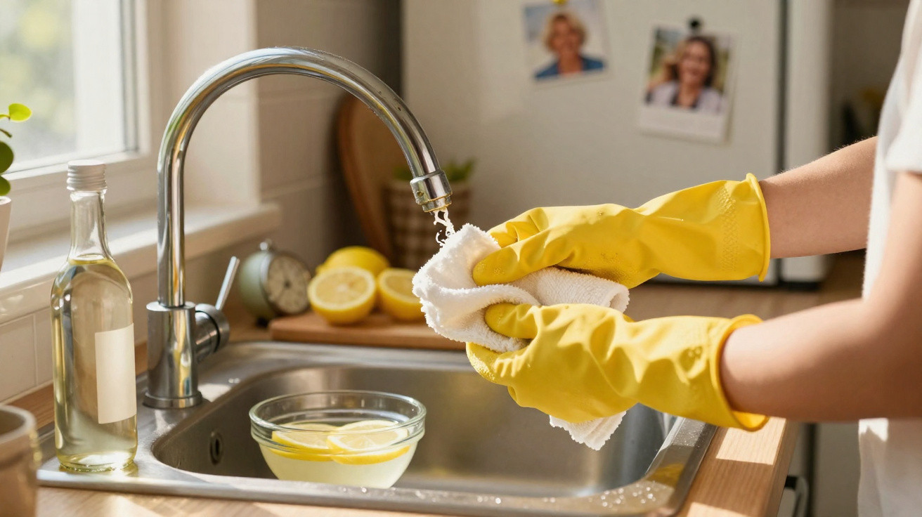 Person wearing yellow gloves washing a white cloth under a kitchen tap with lemon and glass bowl nearby.