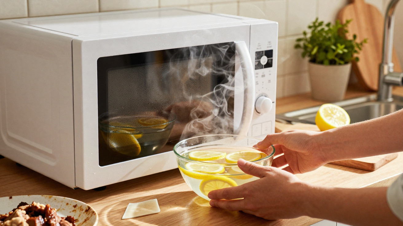 Hands holding a glass bowl of steaming lemon water taken out of a white microwave on a kitchen counter.