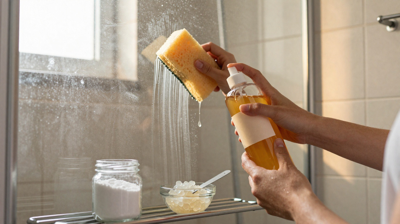 Hands holding a sponge and a bottle of cleaning liquid, spraying water on a glass shower door.