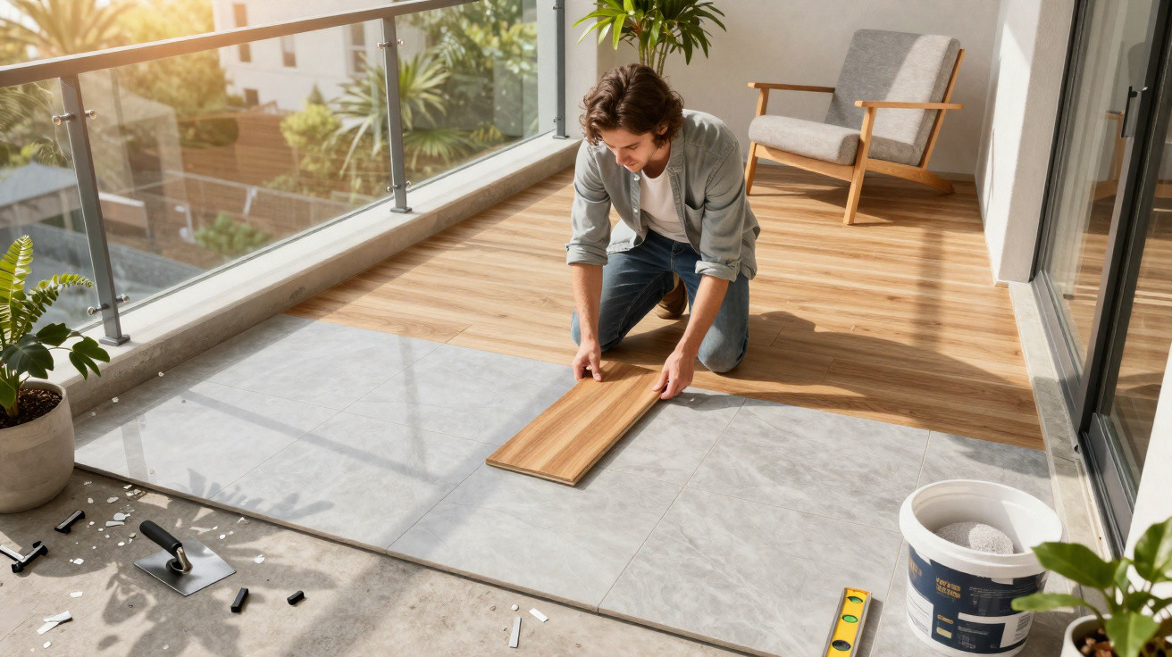 Person installing wood-effect floor panels over grey tiled balcony floor in bright modern outdoor space.