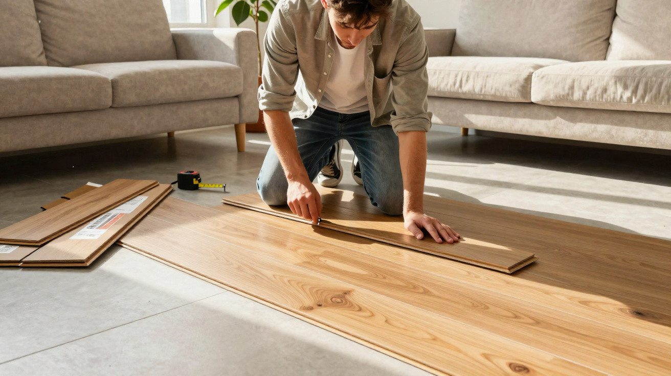 Man kneeling on floor installing wooden laminate flooring between two sofas in brightly lit room.