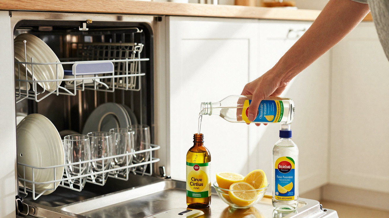 Person pouring liquid from a bottle into a smaller bottle on a kitchen counter near an open dishwasher with clean dishes.