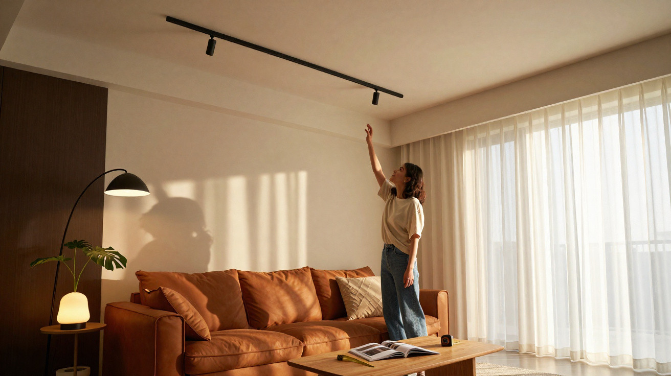 Woman adjusting ceiling light in bright living room with brown sofa and large window with white curtains
