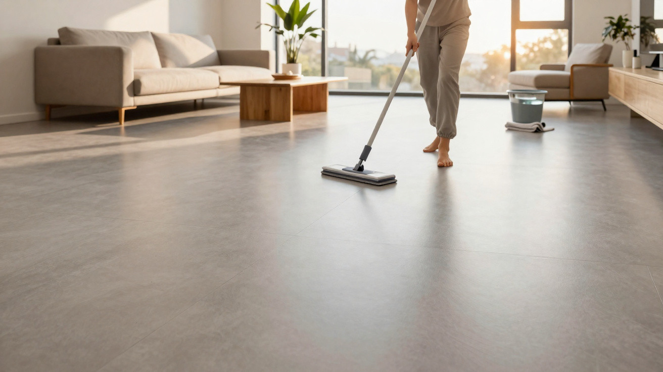 Person mopping the floor in a bright living room with a beige sofa and wooden coffee table.