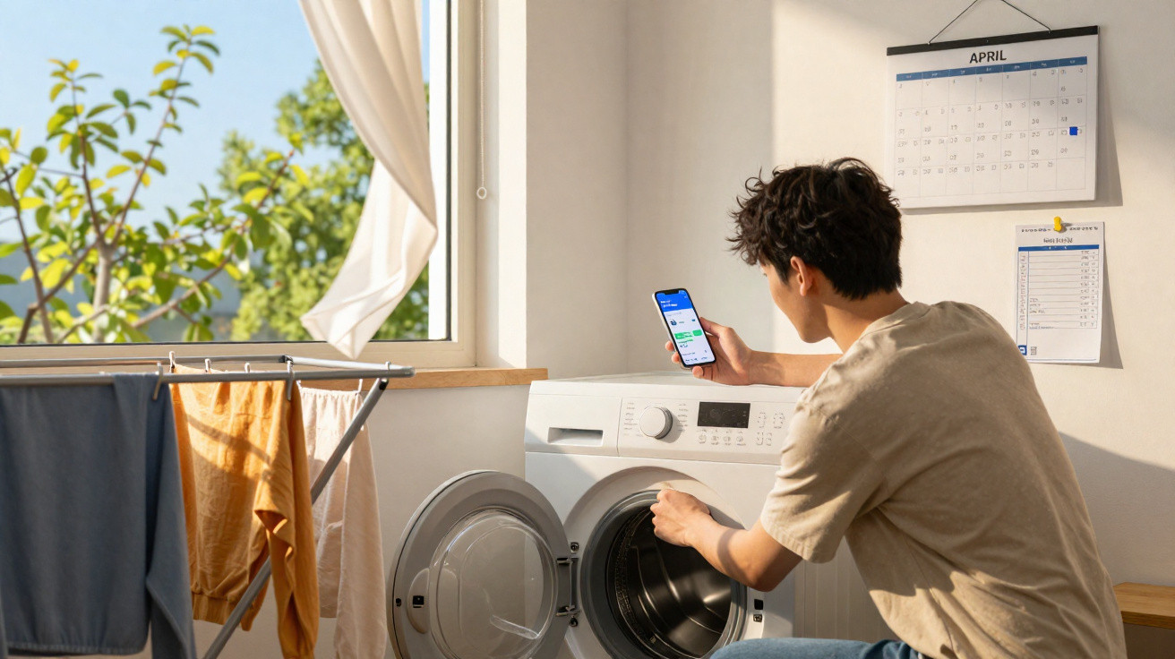 Person loading a washing machine while checking a smartphone in a bright laundry room with a calendar on the wall.