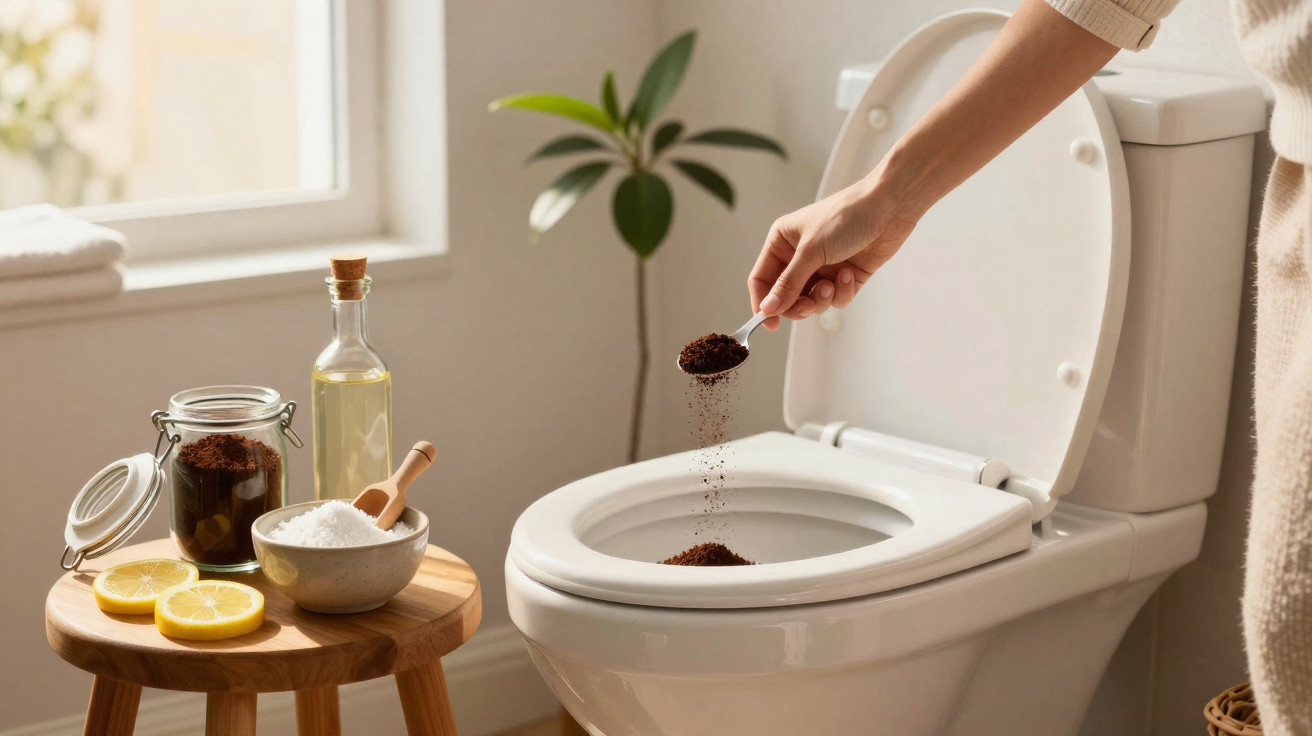 Person sprinkling coffee grounds into a white toilet bowl with lemon, salt, and oil on a stool nearby.