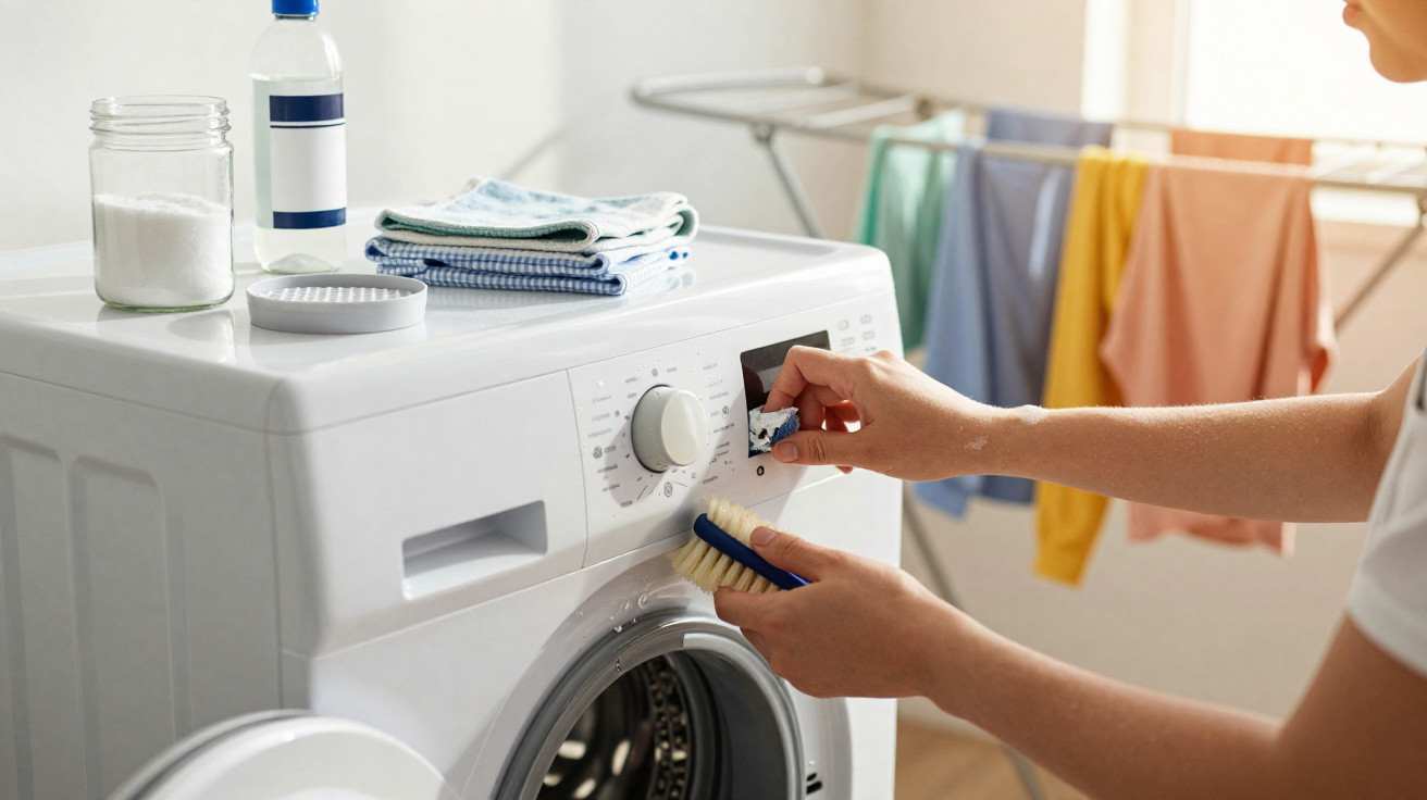 Person adjusting settings on washing machine with cloth and brush in hand, drying rack with clothes in background