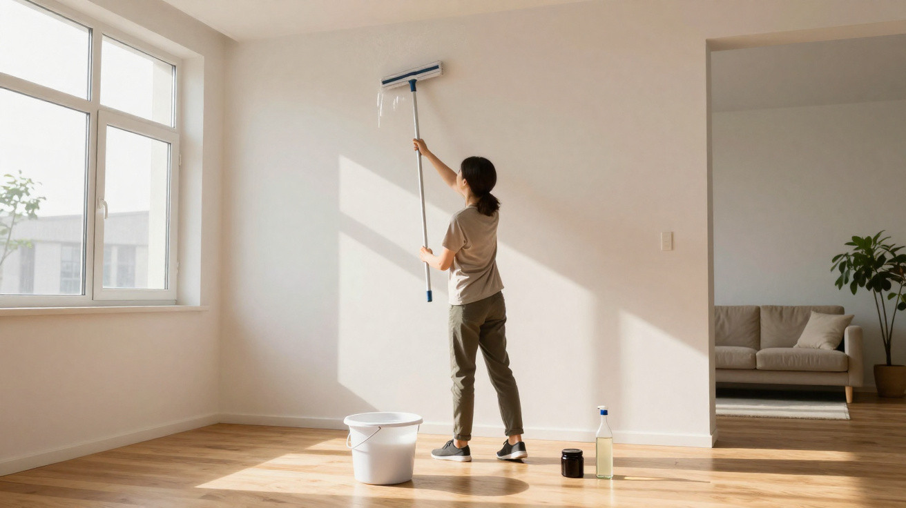 Person cleaning a white wall with a mop in a sunlit empty room with wooden floor and large window.