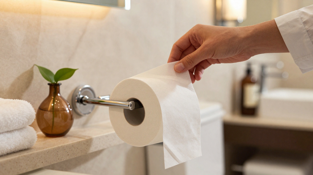 Hand pulling toilet paper from wall-mounted holder in a modern bathroom setting.